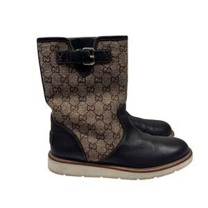Gucci Brown Leather Signature GG Canvas Quercy Mid Calf Boots Size EUR 39.5